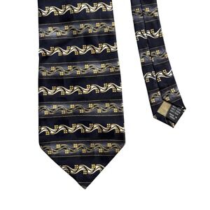 Di Moggio Mens Silk Tie Navy Blue Gold Silver Geometric Wave Pattern Handmade